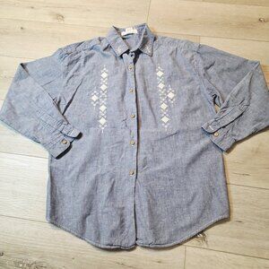 Blue Chambray Button-Up Shirt With Embroidered Details & Floral Collar Sz M